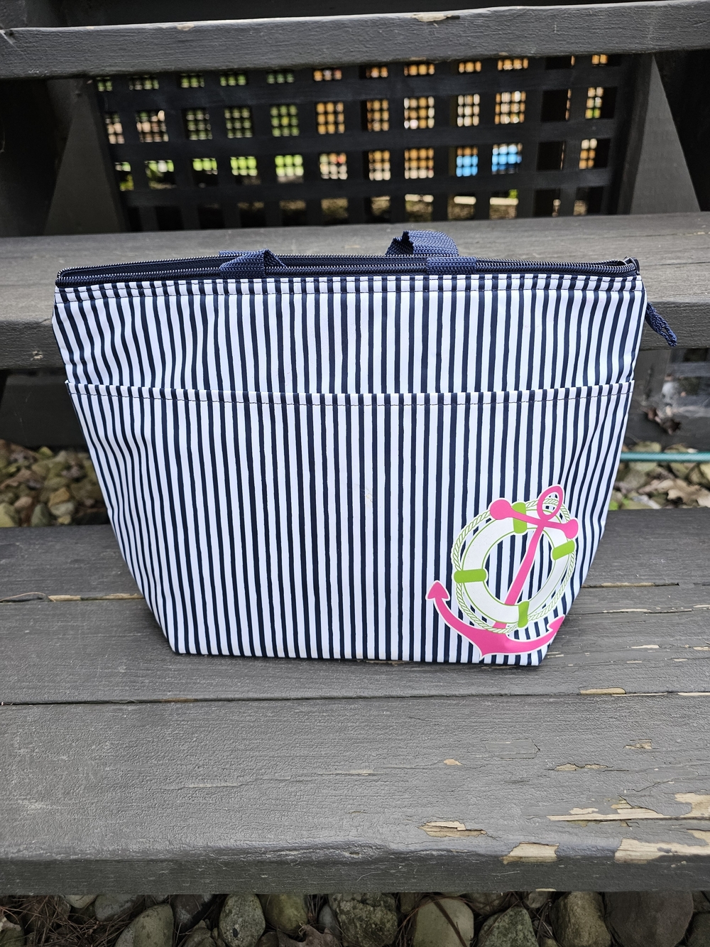 thirty-one Navy & White Striped Cosmetic Tote with Pink Anchor